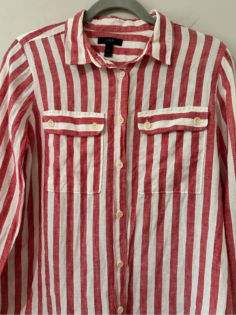 J. Crew Linen Red White Striped Button Down Shirt